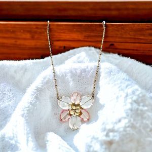 Chunky Flower Necklace Statement Pink Clear Jewel Petals Gold Tone Accents